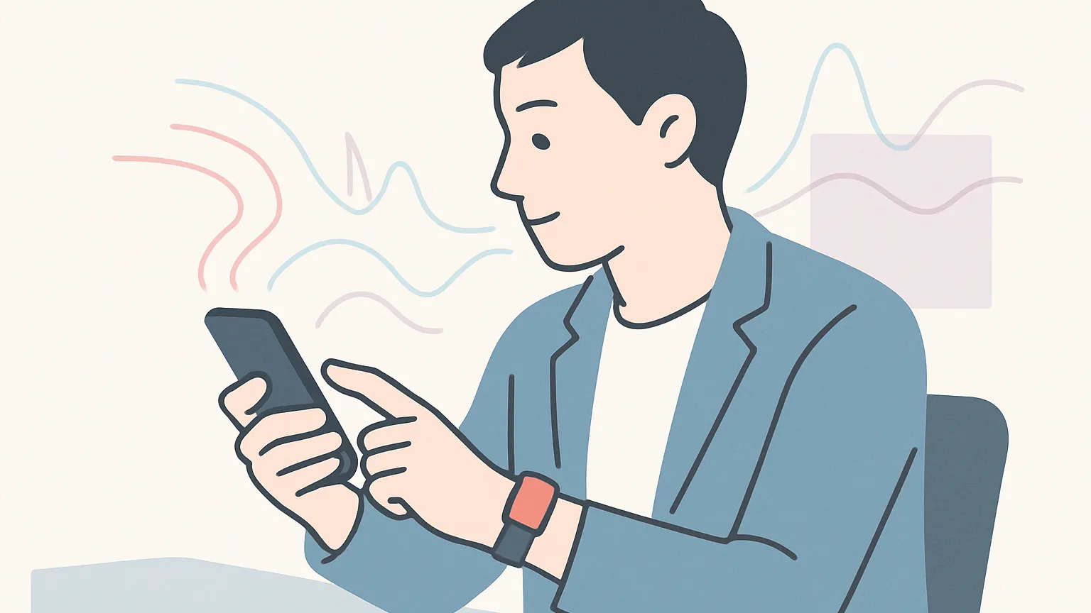 スマートフォンとウェアラブル端末を身につけて働くオフィスワーカー
